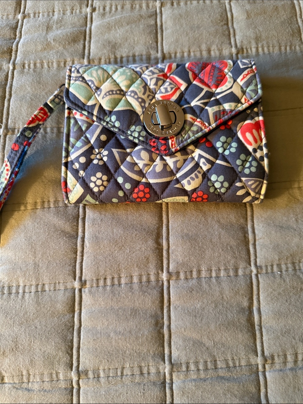 Vera Bradley Navy Floral Quilted Wristlet with Red and Light Blue Accents